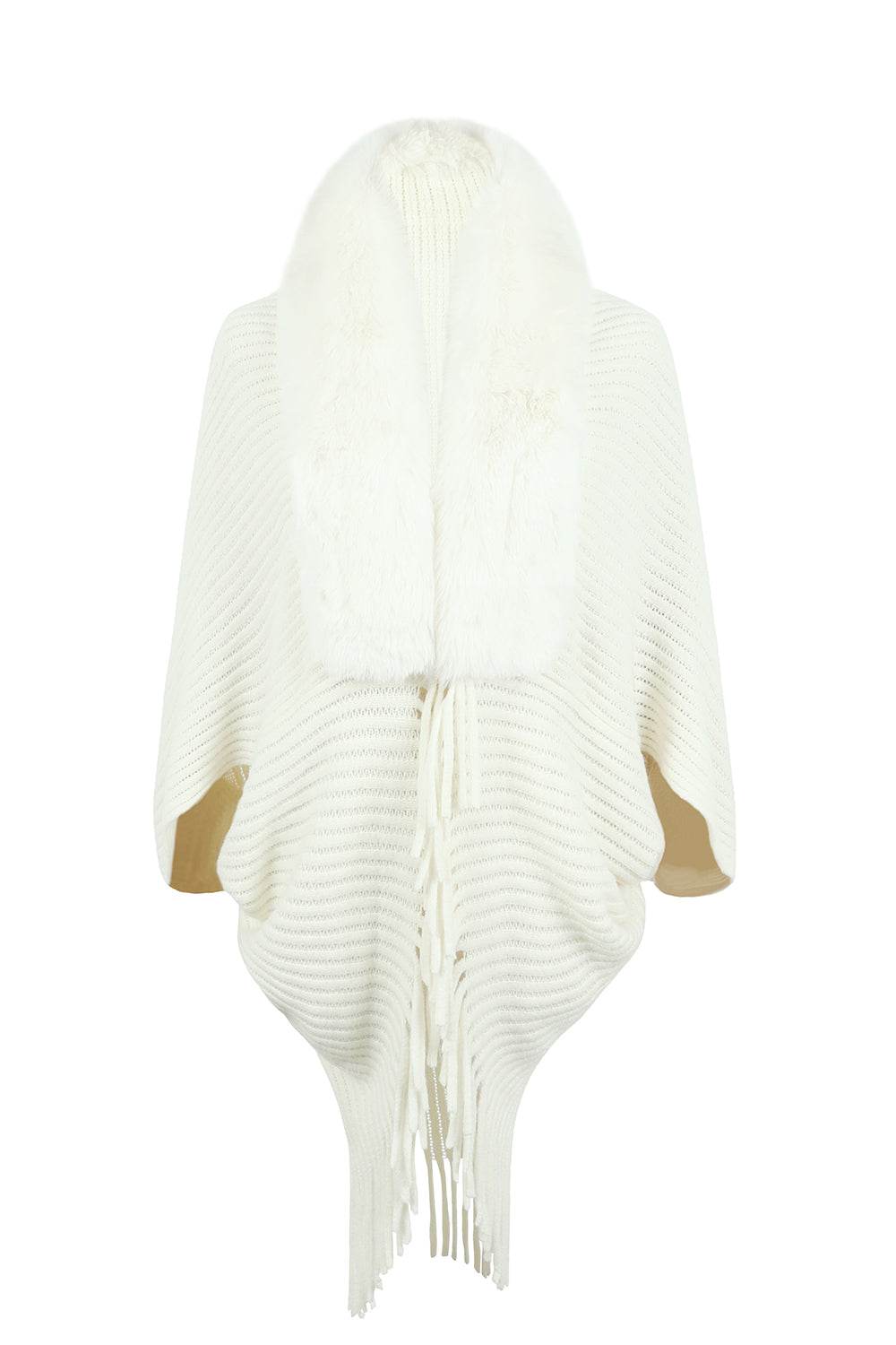 Fringe Detail Long Sleeve Ribbed Poncho - Delanoir