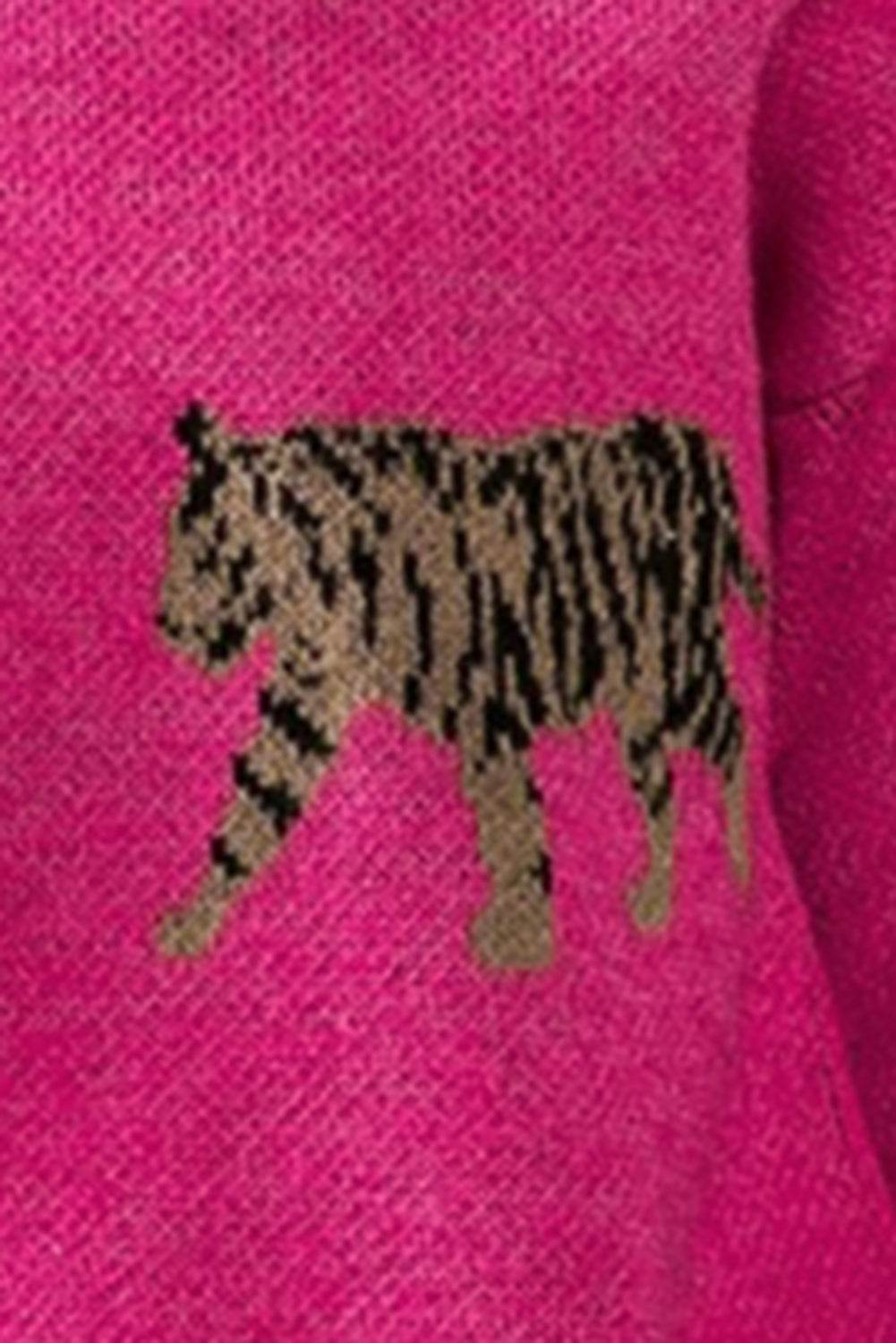 Tiger Pattern Round Neck Drop Shoulder Sweater - Delanoir