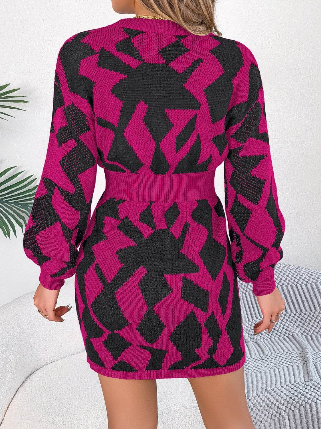 Contrast Round Neck Cutout Long Sleeve Mini Sweater Dress - Delanoir