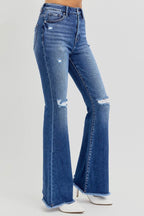 RISEN Full Size High Rise Distressed Raw Hem Flare Jeans - Delanoir