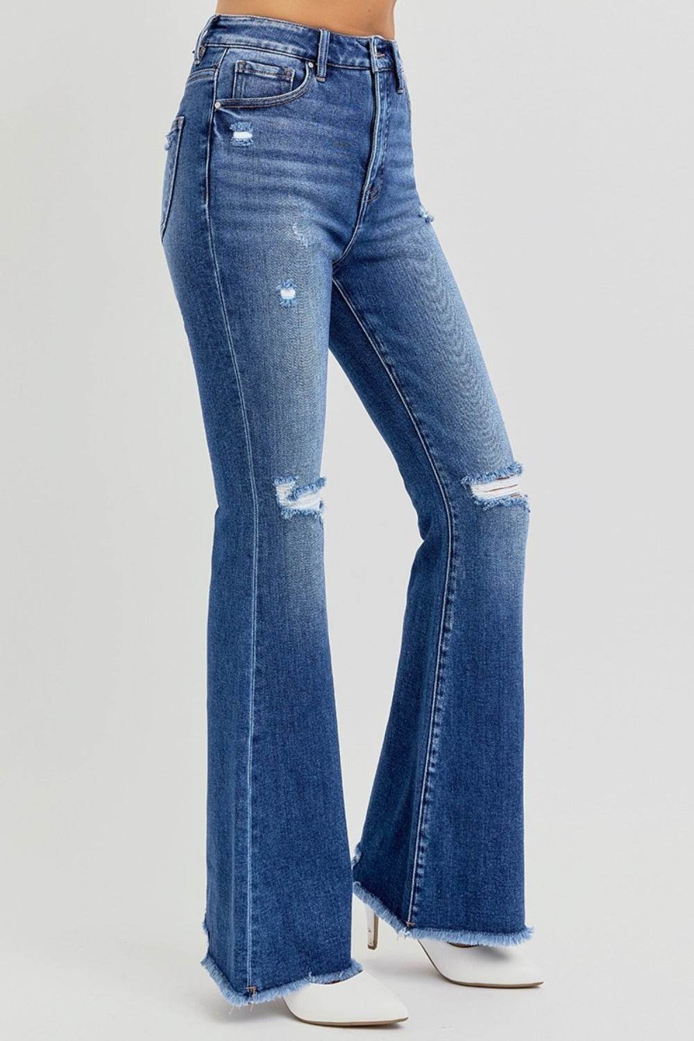 RISEN Full Size High Rise Distressed Raw Hem Flare Jeans - Delanoir