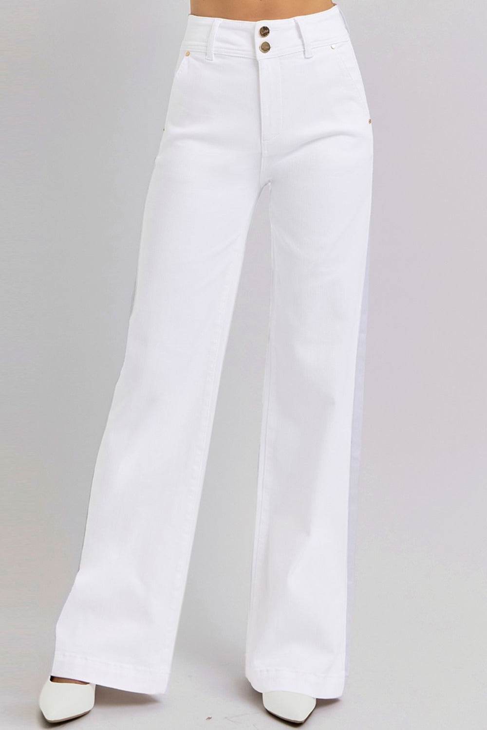 RISEN Full Size Tummy Control Double Button Wide Leg Jeans - Delanoir
