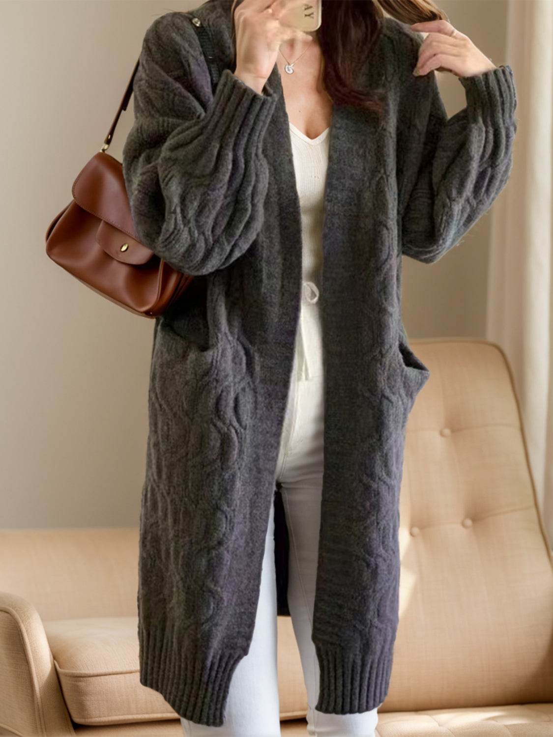 Open Front Long Sleeve Cardigan - Delanoir