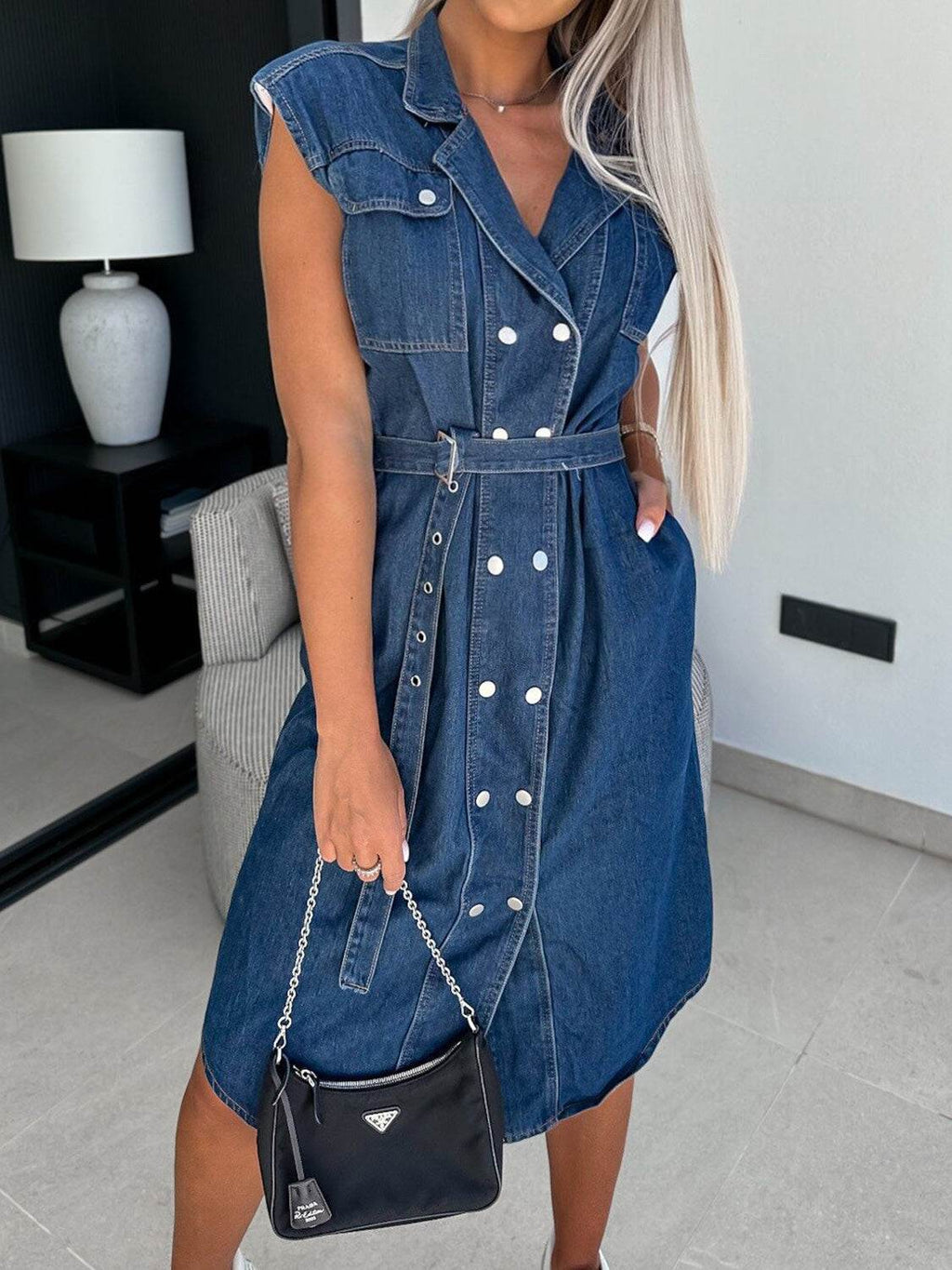 Collared Neck Cap Sleeve Denim Dress - Delanoir