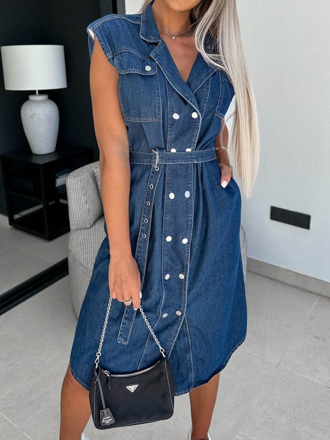 Collared Neck Cap Sleeve Denim Dress - Delanoir