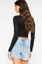 Kancan High Waist Frayed Denim Shorts - Delanoir