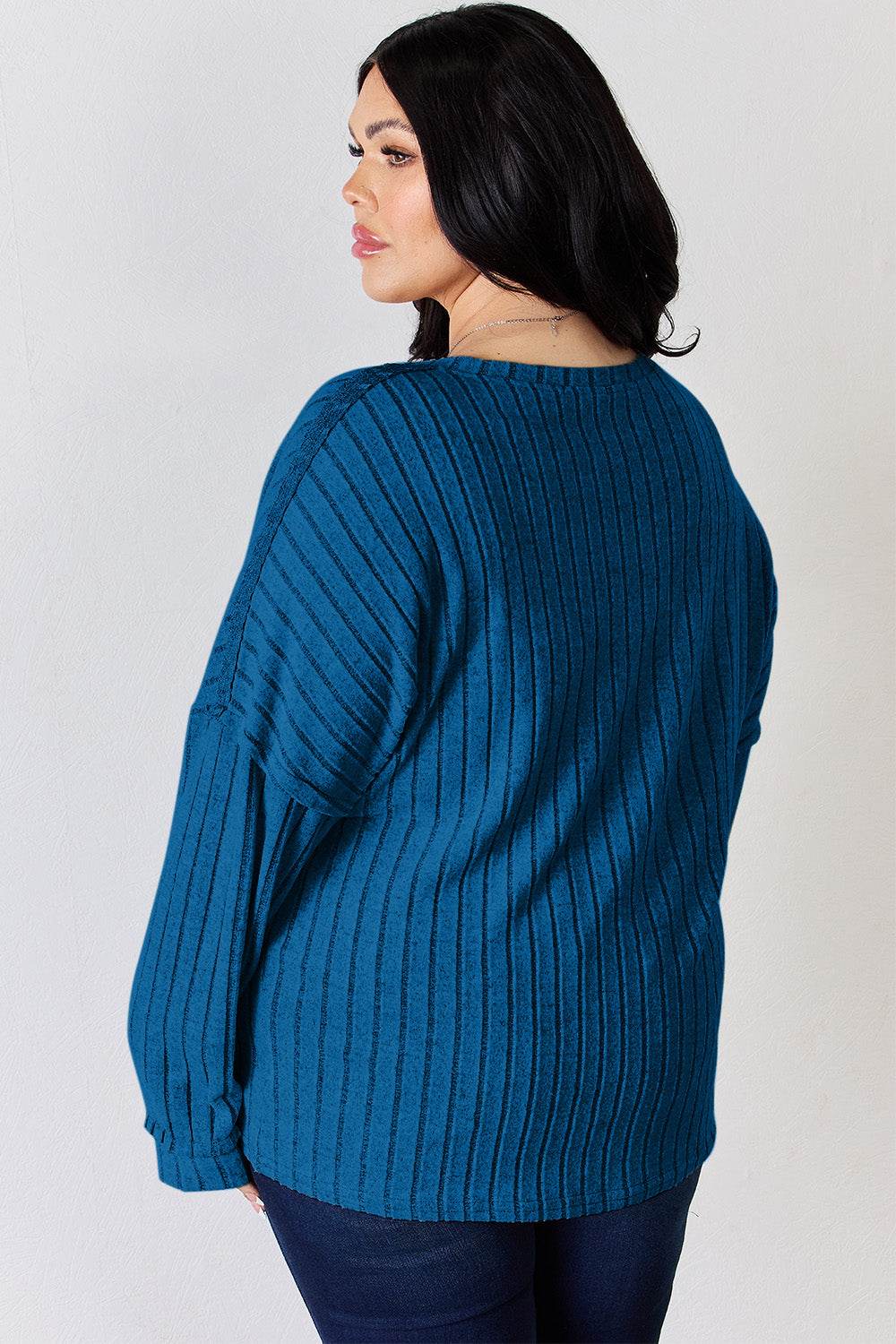 Basic Bae Full Size Ribbed Half Button Long Sleeve T-Shirt - Delanoir