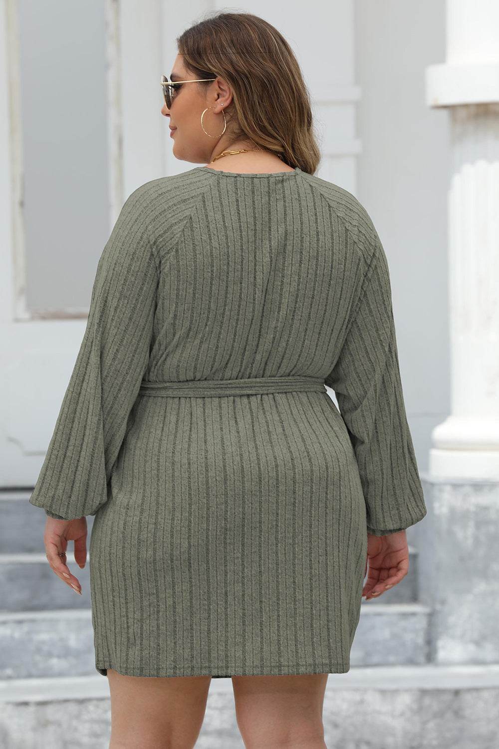 Plus Size Ribbed Tie Front Long Sleeve Sweater Dress - Delanoir