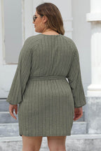 Plus Size Ribbed Tie Front Long Sleeve Sweater Dress - Delanoir