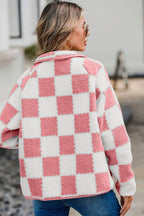 Checkered Snap Down Long Sleeve Teddy Jacket - Delanoir