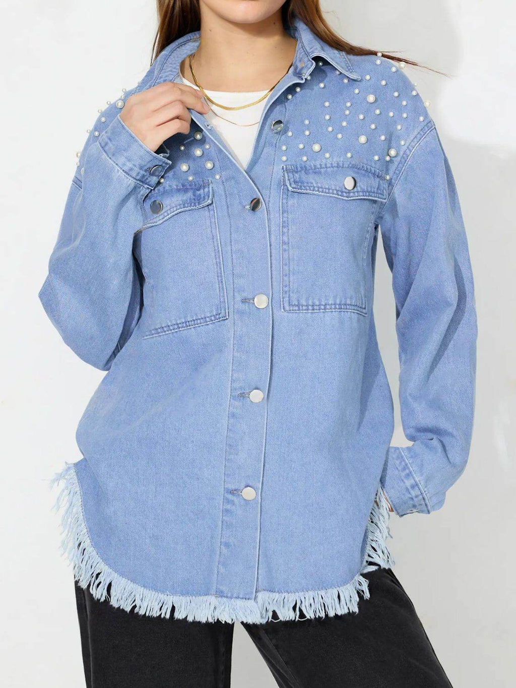 Raw Hem Pearl Trim Collared Neck Denim Top - Delanoir