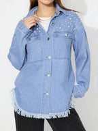Raw Hem Pearl Trim Collared Neck Denim Top - Delanoir