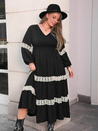 Plus Size Lace Detail V-Neck Long Sleeve Midi Dress - Delanoir