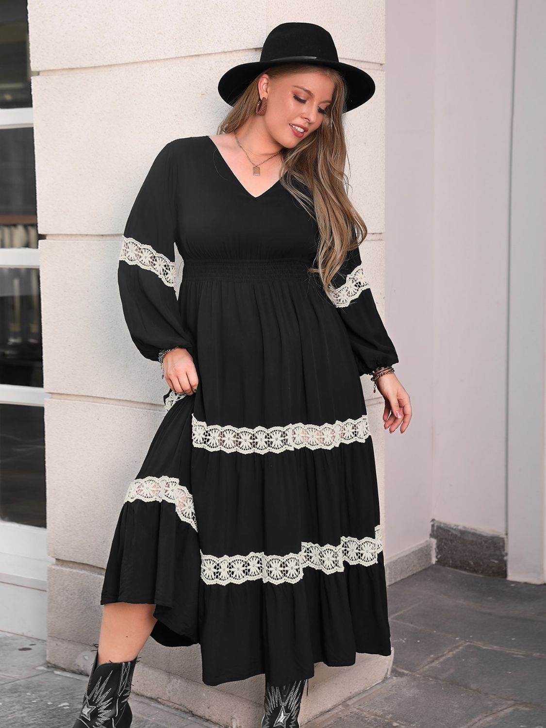 Plus Size Lace Detail V-Neck Long Sleeve Midi Dress - Delanoir