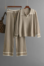 Contrast Trim Johnny Collar Top and Drawstring Pants Sweater Set - Delanoir