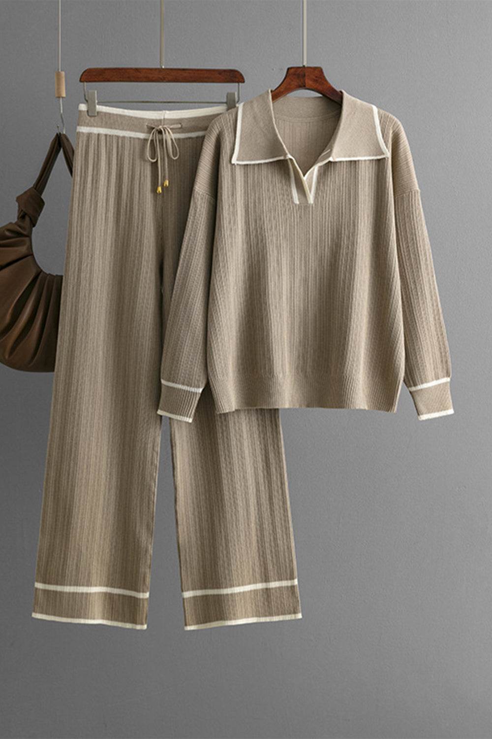 Contrast Trim Johnny Collar Top and Drawstring Pants Sweater Set - Delanoir