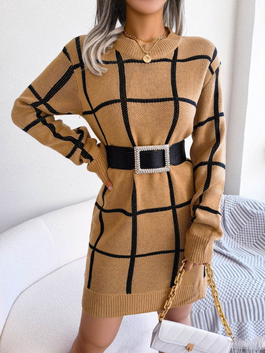 Plaid Round Neck Dropped Shoulder Sweater Dress - Delanoir