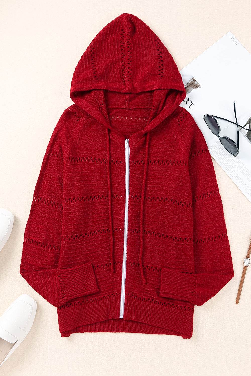Zip-Up Raglan Sleeve Openwork Hooded Cardigan - Delanoir
