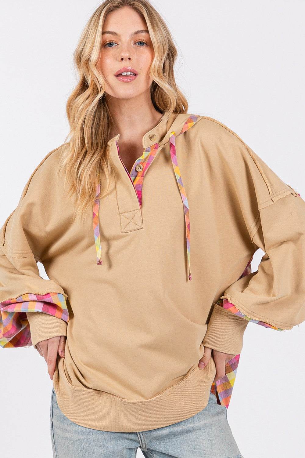 SAGE + FIG Full Size Plaid Print Washed Hoodie - Delanoir