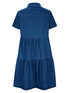 Pocketed Button Up Collared Neck Short Sleeve Denim Dress - Delanoir