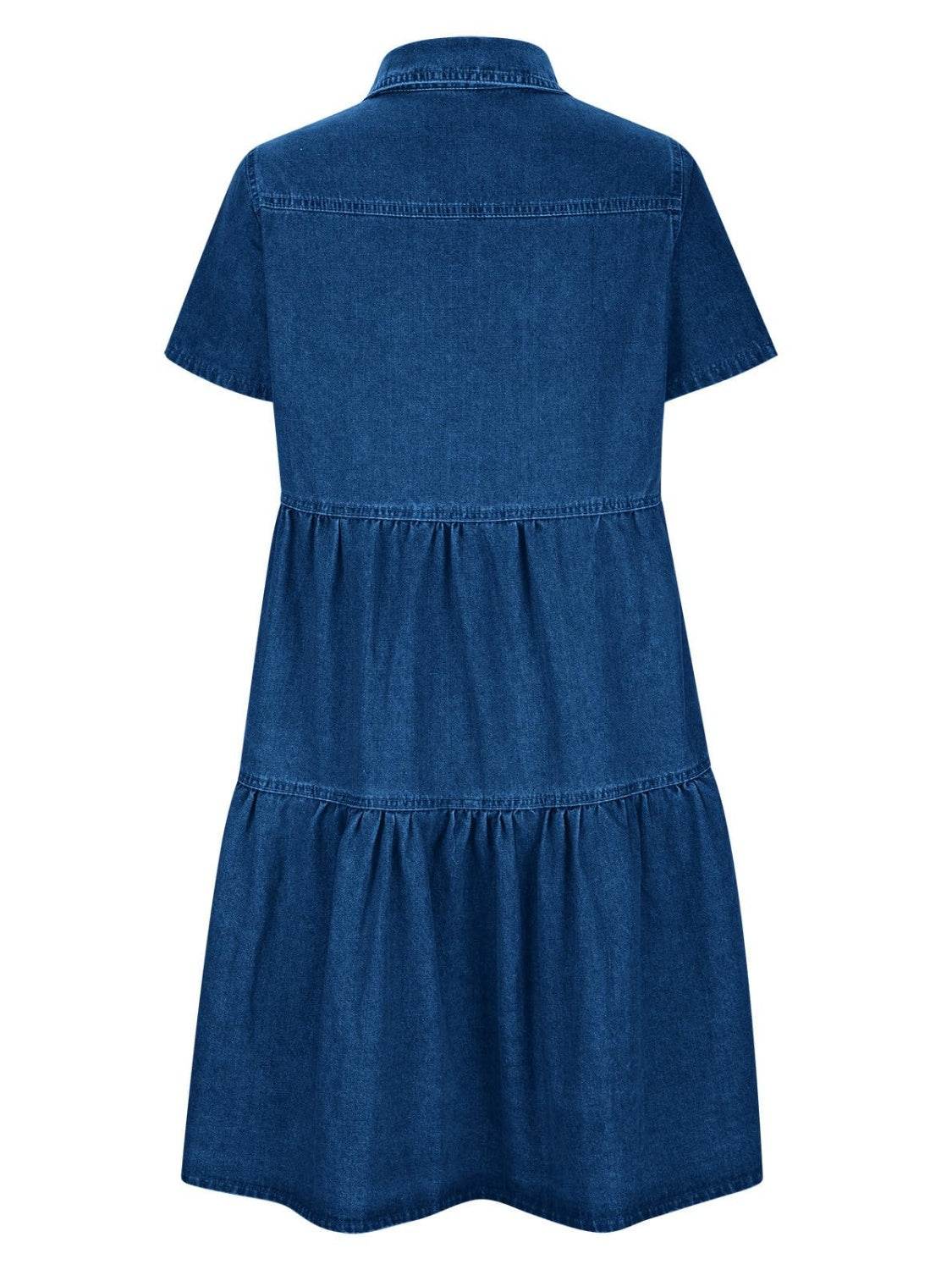 Pocketed Button Up Collared Neck Short Sleeve Denim Dress - Delanoir