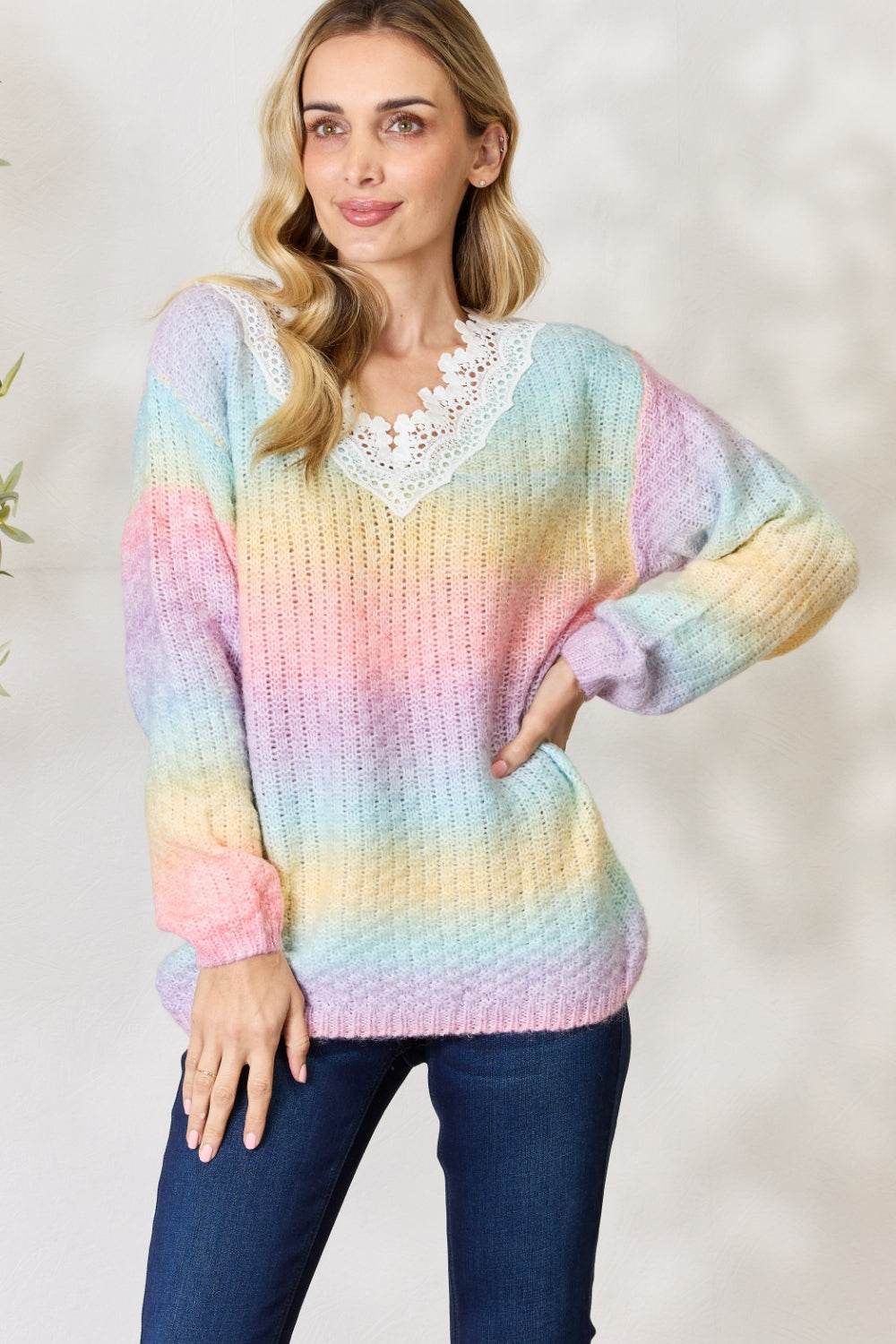 BiBi Rainbow Gradient Crochet Deetail Sweater - Delanoir