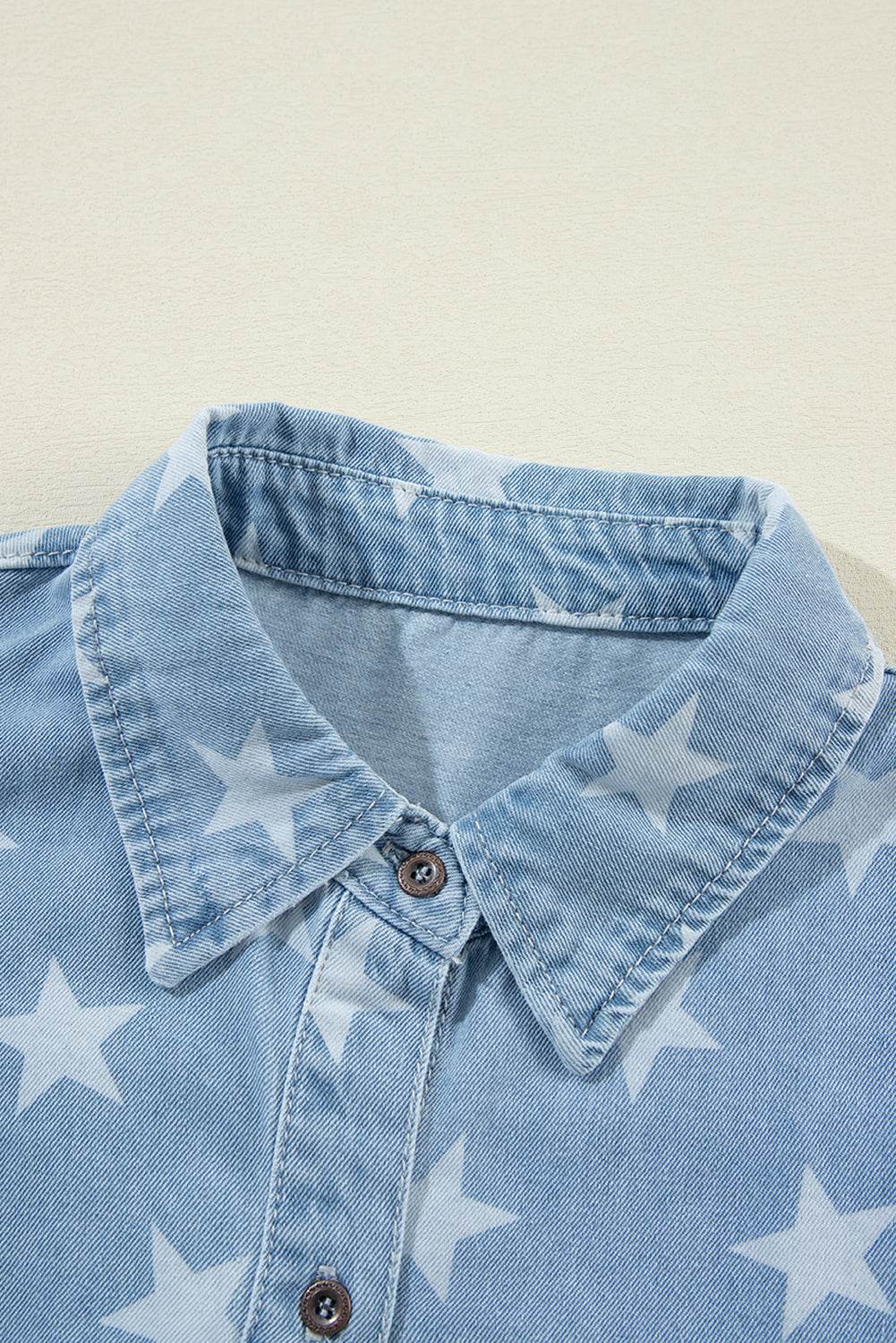 Raw Hem Star Collared Neck Denim Top - Delanoir