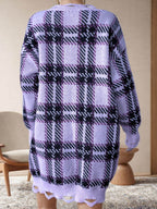 Distressed Plaid V-Neck Long Sleeve Sweater Dress - Delanoir