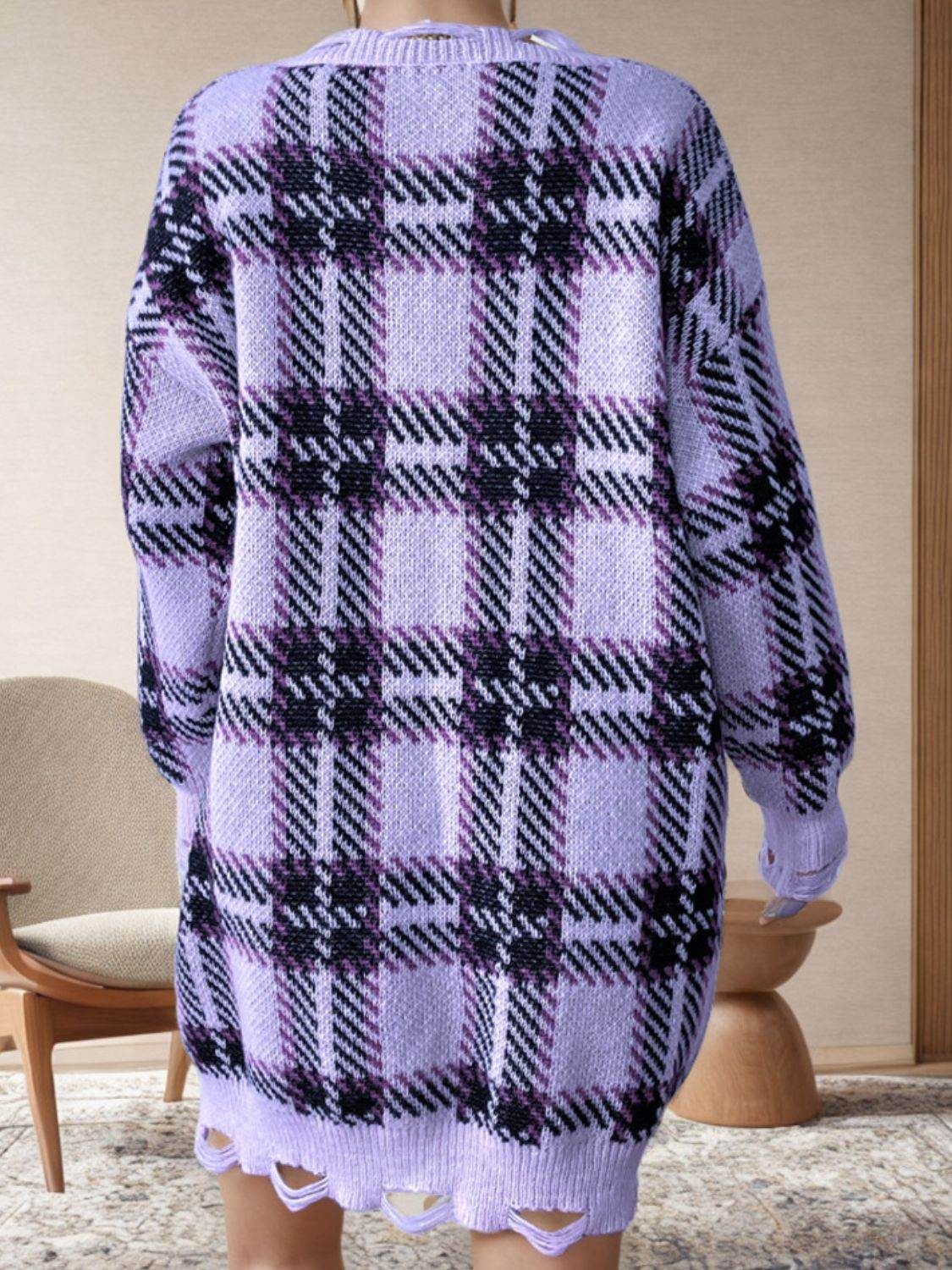 Distressed Plaid V-Neck Long Sleeve Sweater Dress - Delanoir