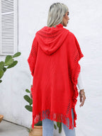 Fringe Trim Buttoned Hooded Poncho - Delanoir