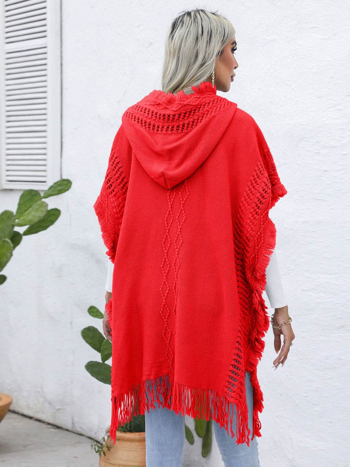 Fringe Trim Buttoned Hooded Poncho - Delanoir