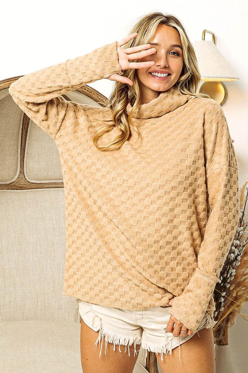 BiBi Checkered Round Neck Thumbhole Long Sleeve Top - Delanoir