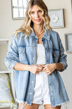 First Love Smile Face Button Down Raw Hem Denim Jacket - Delanoir