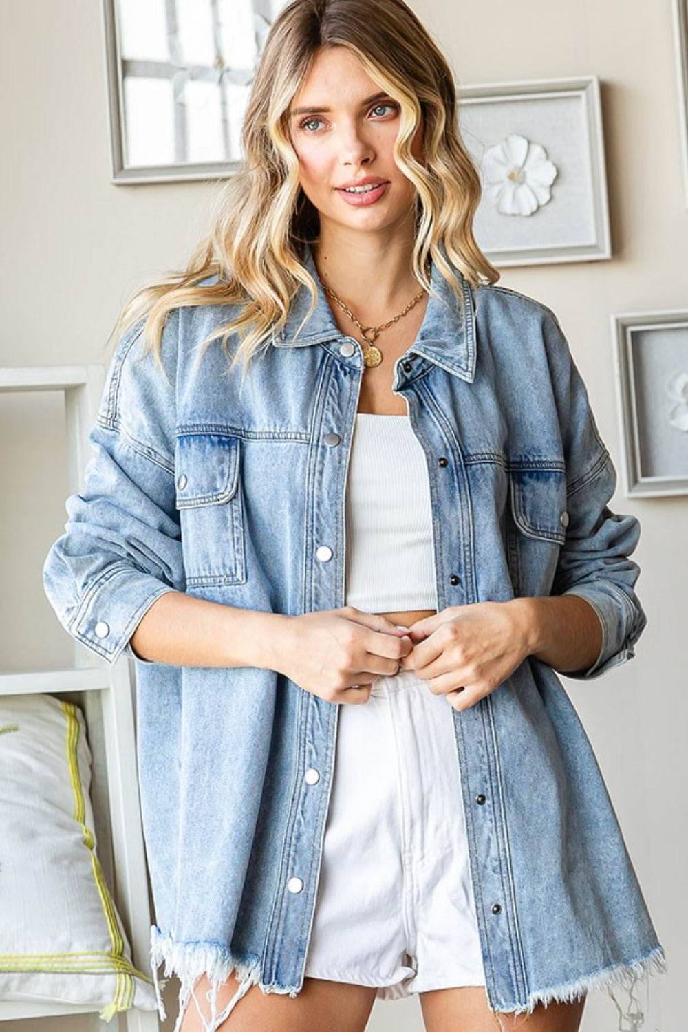 First Love Smile Face Button Down Raw Hem Denim Jacket - Delanoir