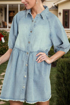 Raw Hem Snap Down Half Sleeve Denim Dress - Delanoir