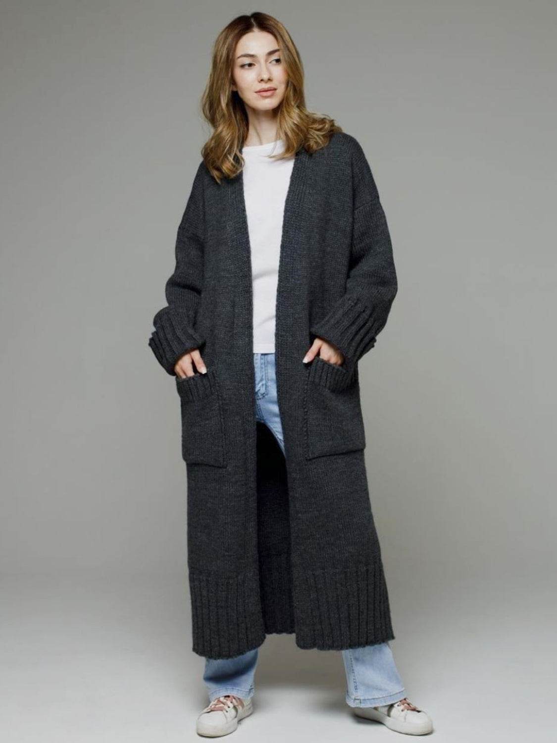 Pocketed Open Front Dropped Shoulder Cardigan - Delanoir