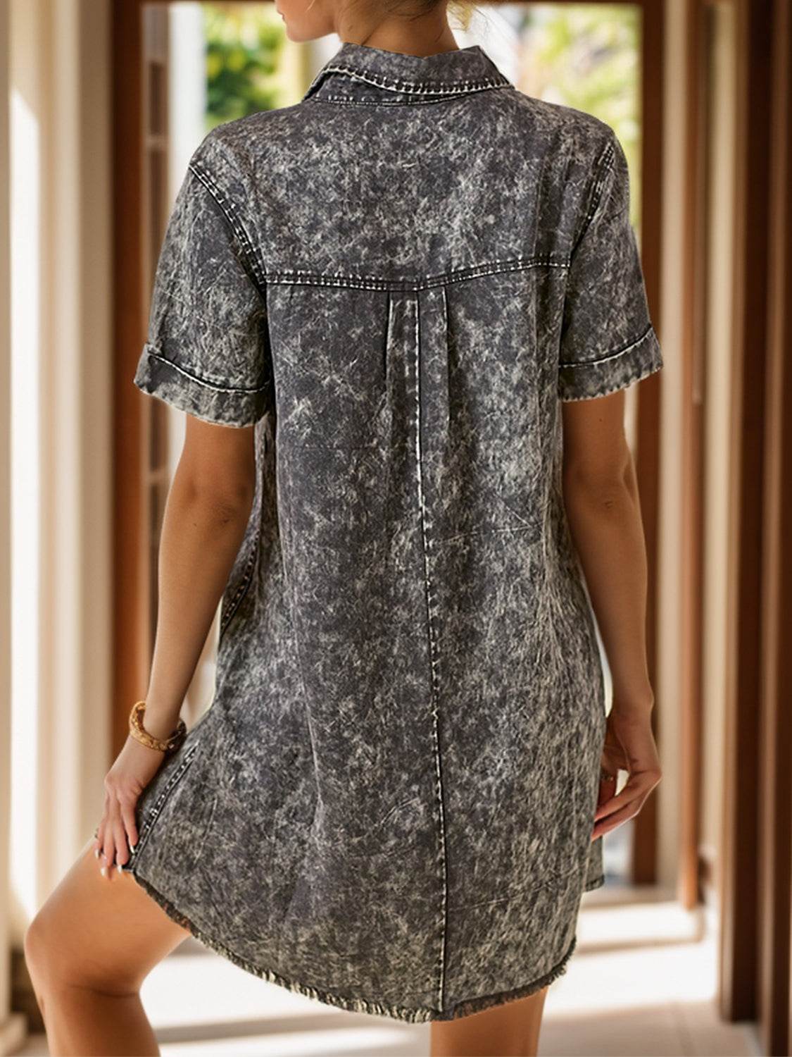 Pocketed Collared Neck Short Sleeve Denim Dress - Delanoir