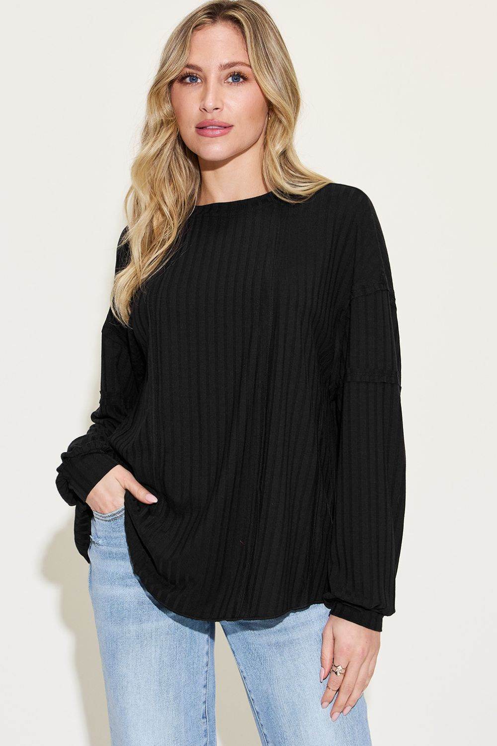 Basic Bae Full Size Ribbed Round Neck Long Sleeve T-Shirt - Delanoir