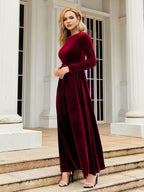 Tie Front Round Neck Long Sleeve Maxi Dress - Delanoir