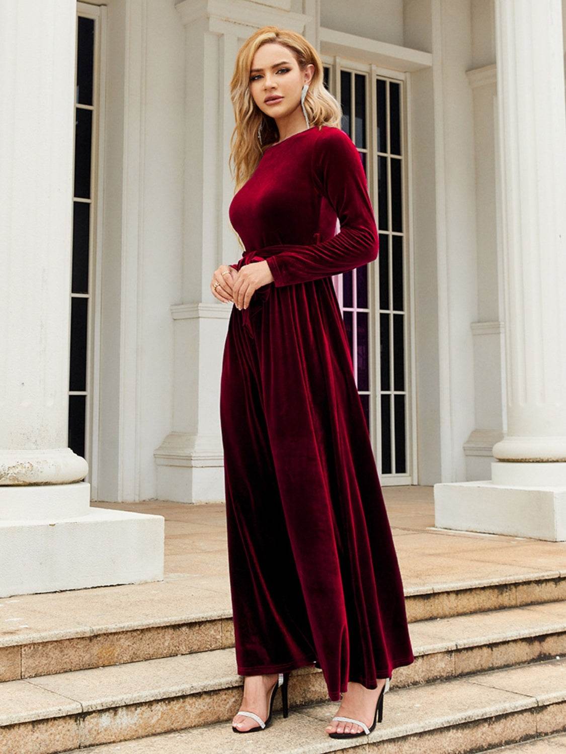 Tie Front Round Neck Long Sleeve Maxi Dress - Delanoir