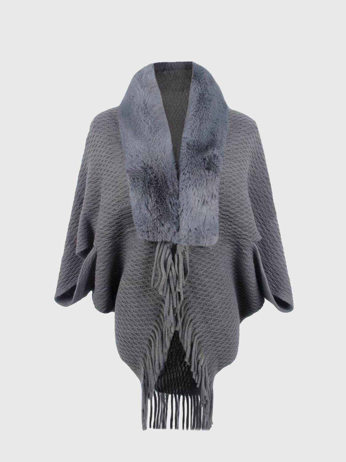 Open Front Fringe Hem Poncho - Delanoir
