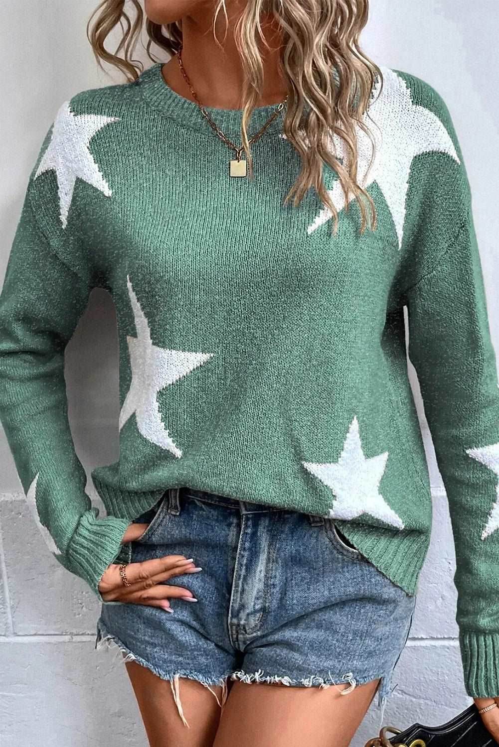 Star Round Neck Dropped Shoulder Sweater - Delanoir