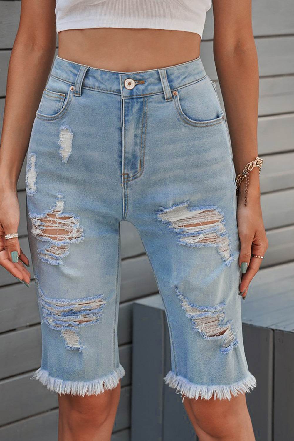 Distressed Raw Hem Denim Bermuda Shorts - Delanoir