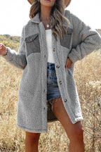 Collared Neck Long Sleeve Longline Teddy Jacket - Delanoir