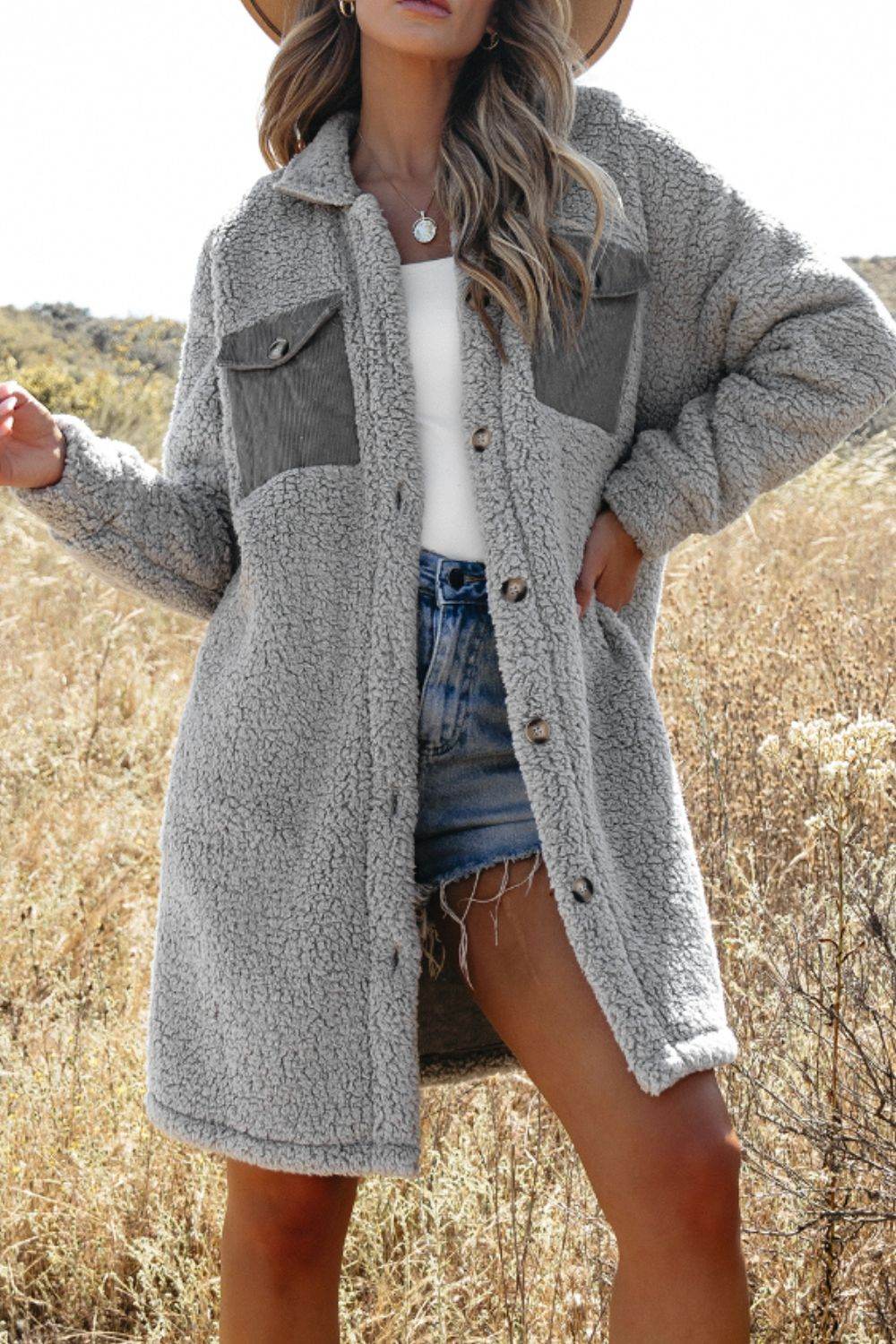 Collared Neck Long Sleeve Longline Teddy Jacket - Delanoir