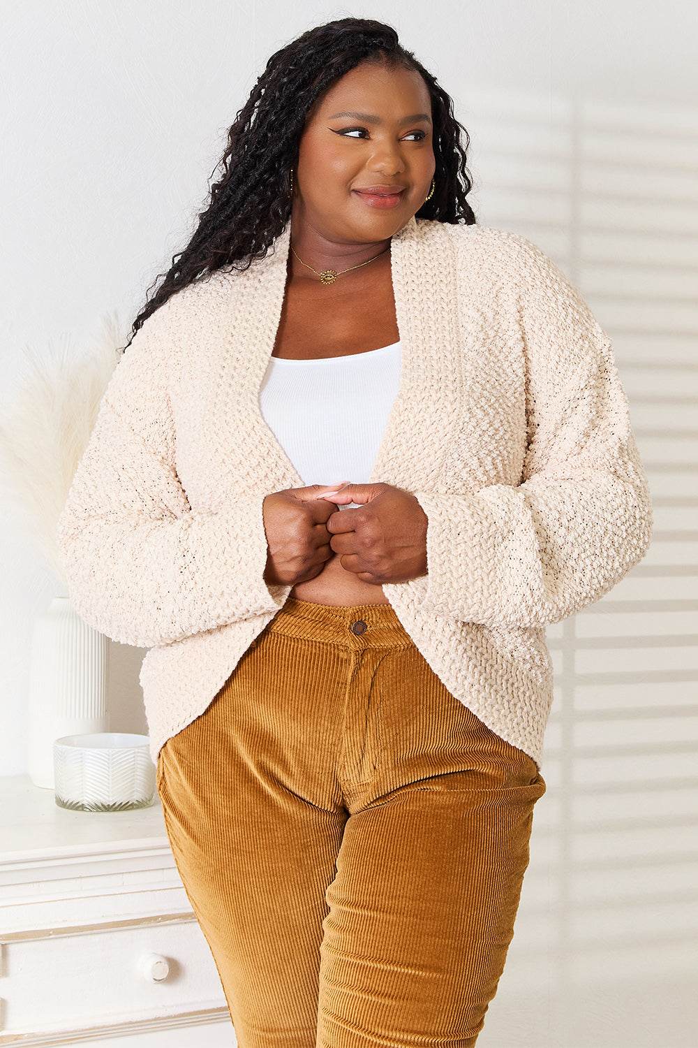 Double Take Open Front Long Sleeve Cardigan - Delanoir