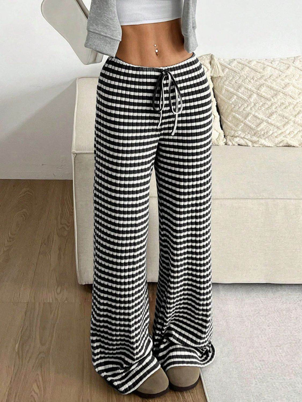 Tied Striped Wide Leg Pants - Delanoir