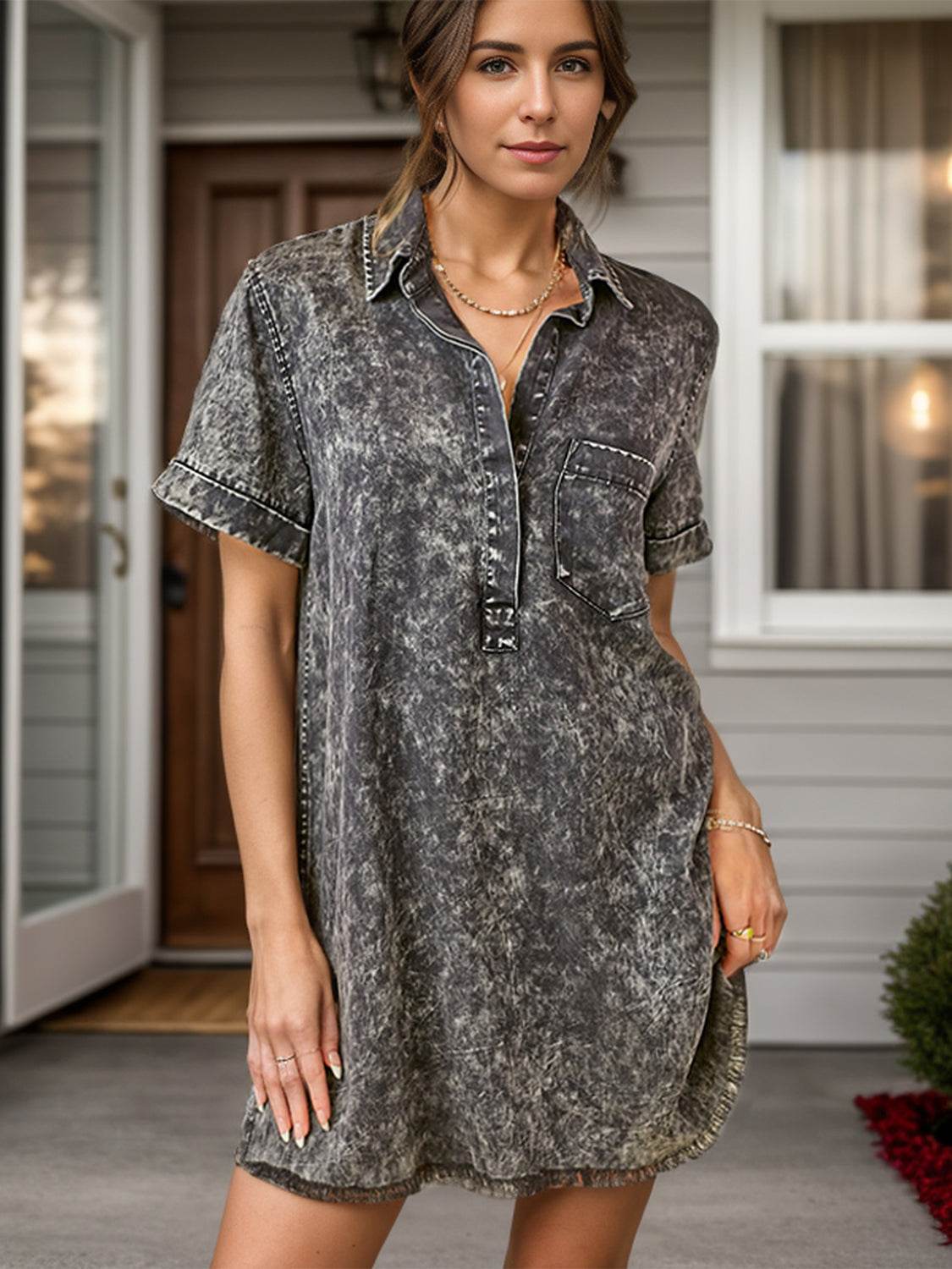Pocketed Collared Neck Short Sleeve Denim Dress - Delanoir