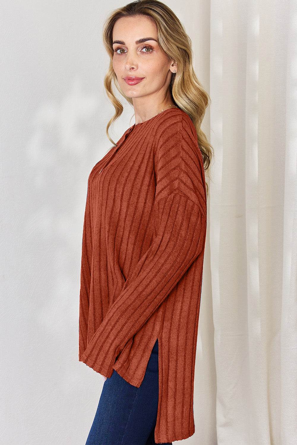 Basic Bae Full Size Ribbed Half Button Long Sleeve High-Low T-Shirt - Delanoir