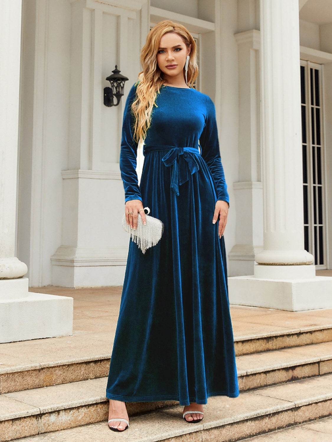 Tie Front Round Neck Long Sleeve Maxi Dress - Delanoir